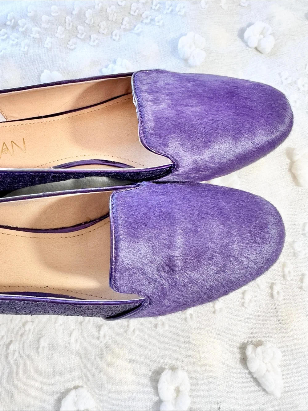 IMAN Purple Pony Hair Glitter Loafers 11 Smoking Slipper Glam Party Flats K21